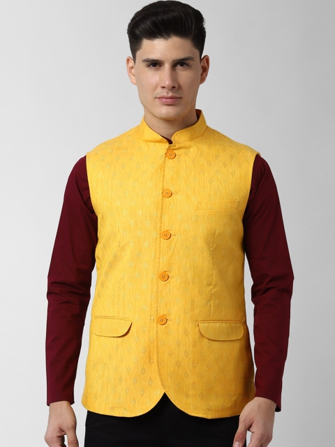 

Peter England Elite Men Yellow Self-Design Woven Nehru Jacket