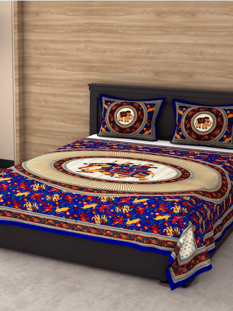 

Varde Blue & Red Ethnic Motifs 104 TC Queen Bedsheet with 2 Pillow Covers