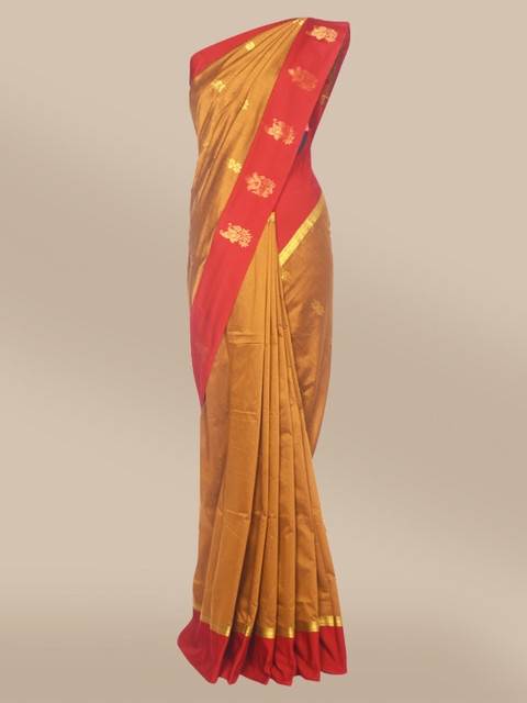 

The Chennai Silks Mustard & Red Ethnic Motifs Zari Saree