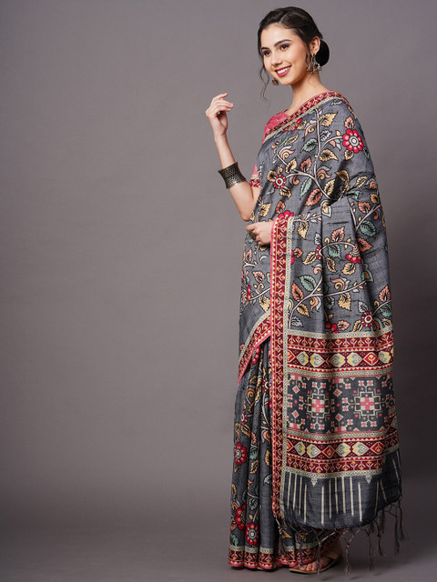 

Mitera Grey & Multicolor Floral Printed Silk Blend Saree