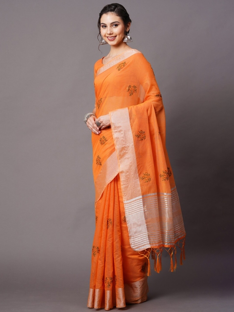 

Mitera Orange & Green Floral Embroidered With Zari Border Saree