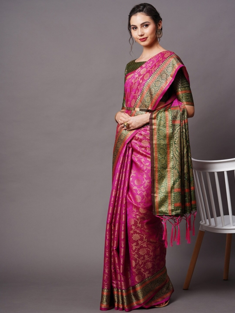 

Mitera Pink & Green Floral Woven Design Silk Blend Saree
