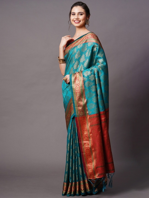 

Mitera Teal & Red Gold-Toned Floral Woven Design Silk Blend Saree
