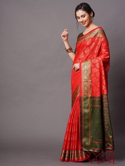 

Mitera Red & Green Gold-Toned Floral Woven Design Silk Blend Saree