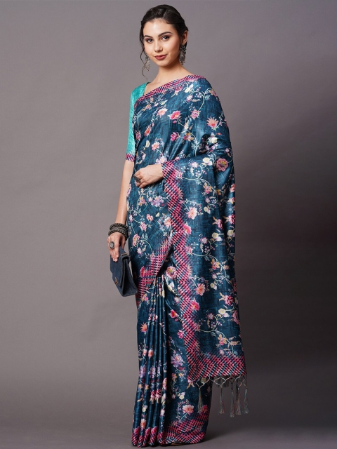 

Mitera Teal & Multicoloured Floral Printed Silk Blend Saree
