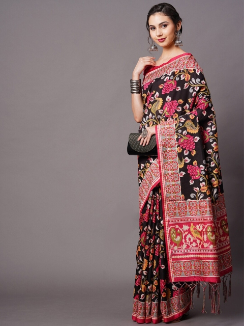 

Mitera Black & Pink Floral Printed Silk Blend Saree