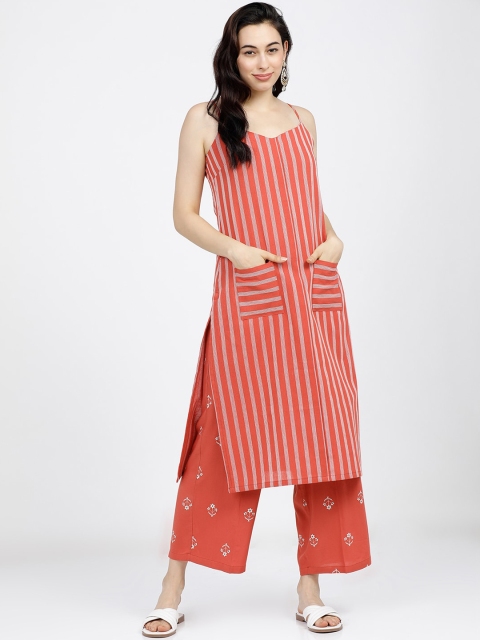 

Vishudh Women Red & White Striped Regular Pure Cotton Kurta With Palazzos