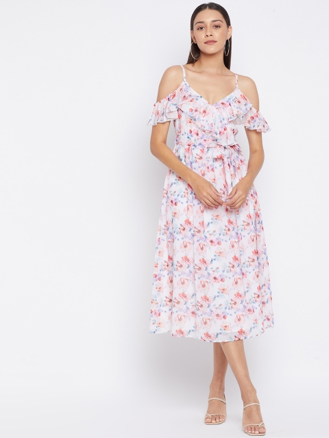 

PANIT White & Pink Floral Georgette Midi Dress