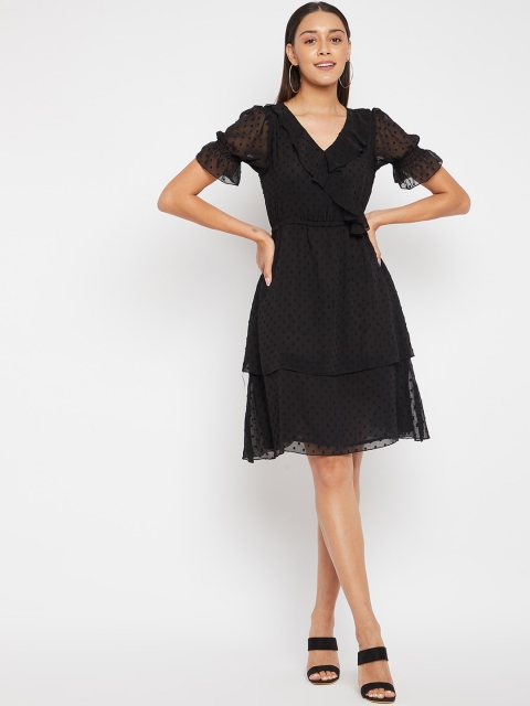 

PANIT Black Chiffon Self Design Ruffles Fit & Flared Wrap Dress