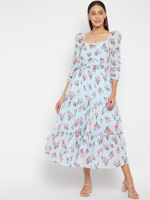 

PANIT Women Georgette Blue & Red Floral Printed Fit & Flared Midi Dress