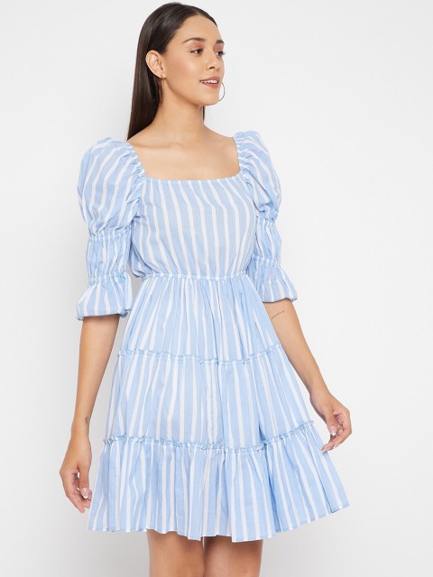 

PANIT Blue & White Striped Fit & Flare Tiered Dress