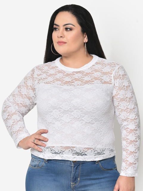 

wild U White Sheer Lace Plus Size Band Collar Full Sleeve Top