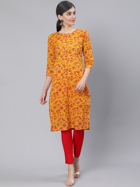 

AASI - HOUSE OF NAYO Women Mustard Yellow Floral Printed Cotton Kurta