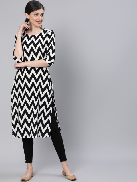 

AASI - HOUSE OF NAYO Women Black & White Chevron Printed Crepe Kurta