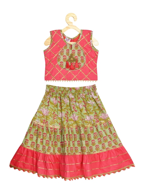 

Kinder Kids Girls Green & Pink Floral Printed Ready To Wear Lehenga With Choli