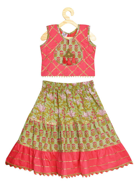 

Kinder Kids Girls Green & Pink Printed Tiered Ready to Wear Lehenga Choli