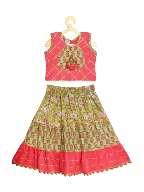 

Kinder Kids Girls Green & Pink Printed Cotton Ready to Wear Lehenga With Choli