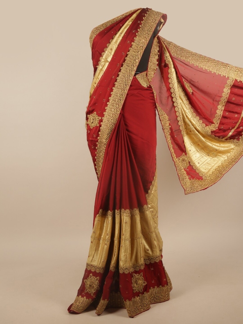 

Pothys Maroon & Gold-Toned Poly Chiffon Embellished Saree