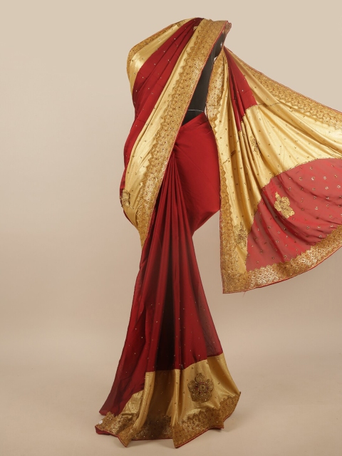 

Pothys Maroon & Gold-Toned Poly Chiffon Embellished Saree