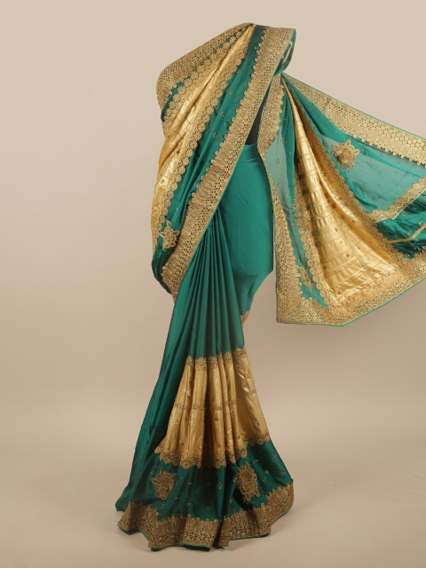 

Pothys Green & Gold-Toned Poly Chiffon Embellished Saree