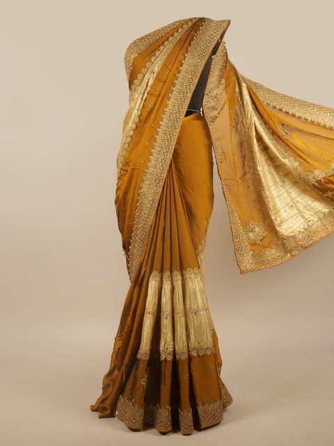 

Pothys Mustard & Gold-Toned Poly Chiffon Embellished Saree