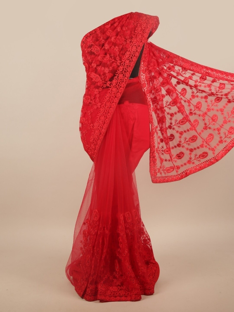 

Pothys Red Net Ethnic Motifs Embroidered Saree