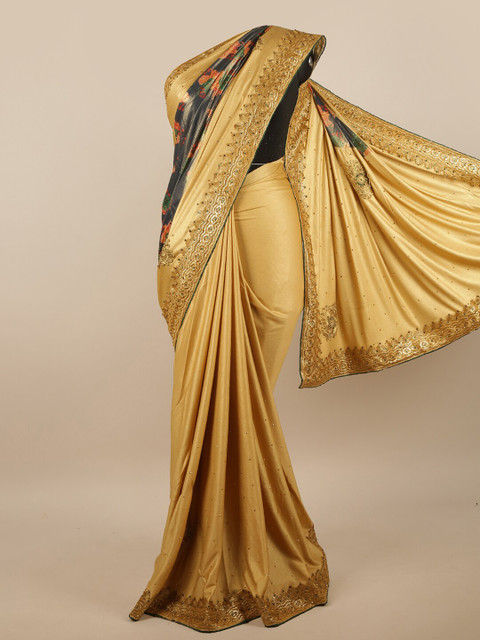 

Pothys Gold-Toned & Black Poly Chiffon Embellished Saree