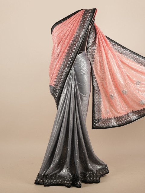 

Pothys Peach-Coloured & Grey Poly Chiffon Embellished Saree