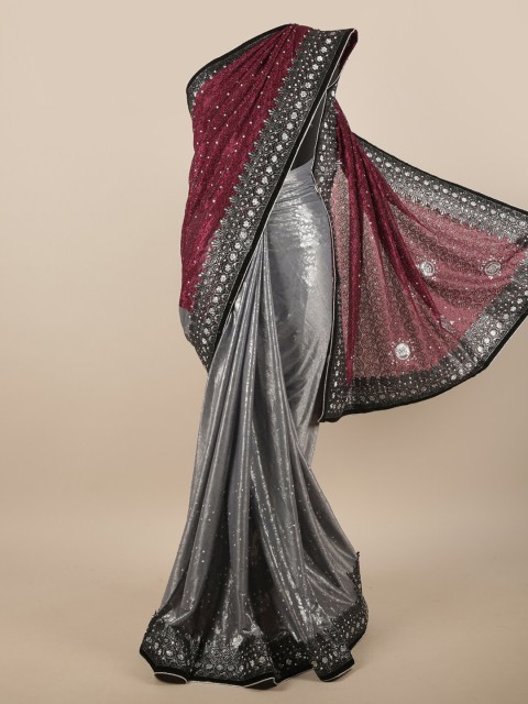 

Pothys Burgundy & Grey Poly Chiffon Embellished Saree