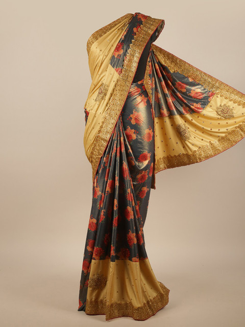 

Pothys Gold-Toned & Grey Poly Chiffon Embellished Saree