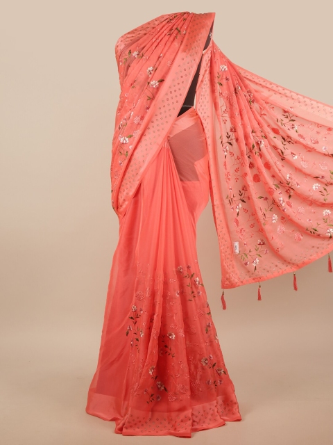 

Pothys Peach-Coloured Poly Chiffon Floral Embroidered Saree