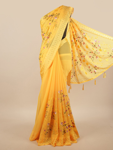 

Pothys Yellow & Green Floral Embroidered Saree