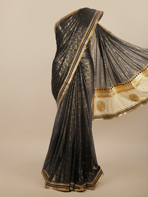 

Pothys Navy Blue & Gold-Toned Floral Beads and Stones Saree