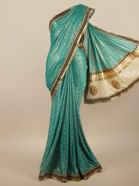 

Pothys Sea Green & Gold-Toned Floral Beads and Stones Saree