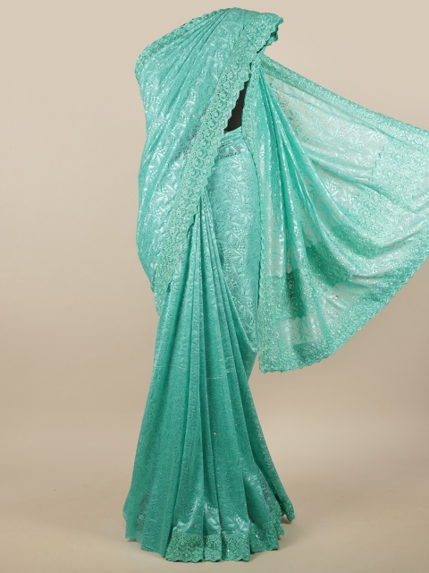 

Pothys Turquoise Blue Floral Sequinned Net Saree