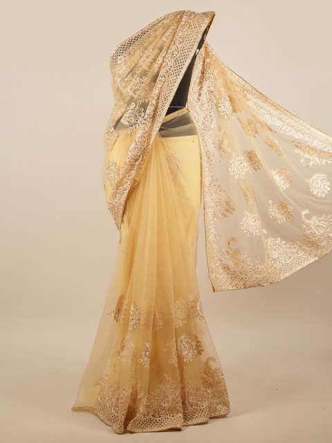 

Pothys Cream-Coloured & Gold-Toned Ethnic Motifs Beads and Stones Net Saree