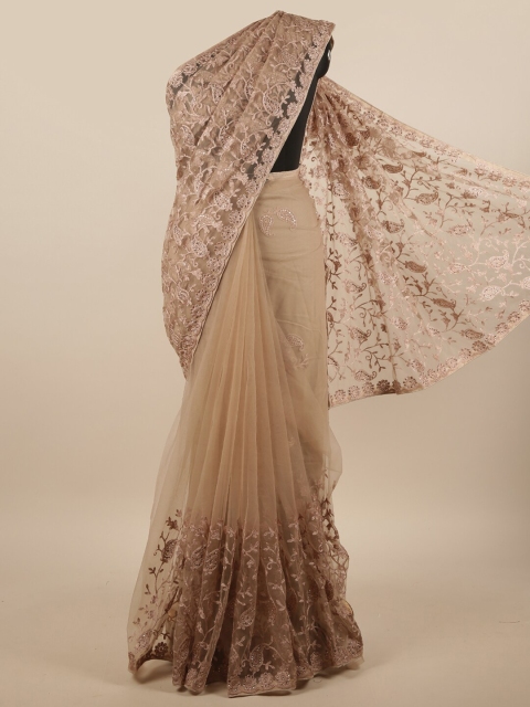 

Pothys Tan & Gold-Toned Ethnic Motifs Beads and Stones Net Saree