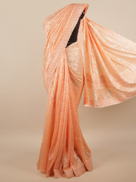 

Pothys Peach-Coloured & Silver-Toned Floral Net Saree