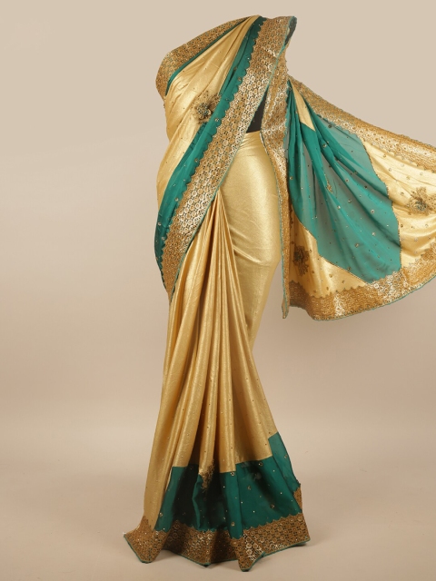 

Pothys Gold-Toned & Green Ethnic Motifs Embroidered Half and Half Saree