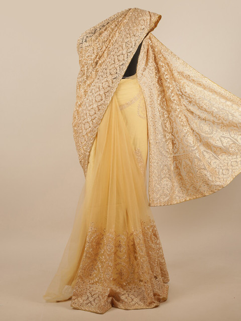 

Pothys Cream-Coloured & Gold-Toned Floral Net Saree