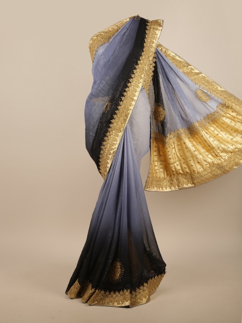 

Pothys Blue & Gold-Toned Striped Beads and Stones Saree