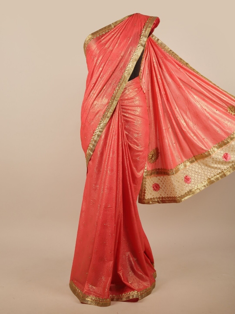 

Pothys Peach-Coloured Embellished Embroidered Saree