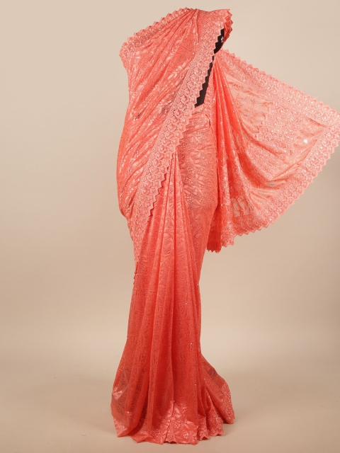 

Pothys Peach-Coloured & White Floral Net Saree