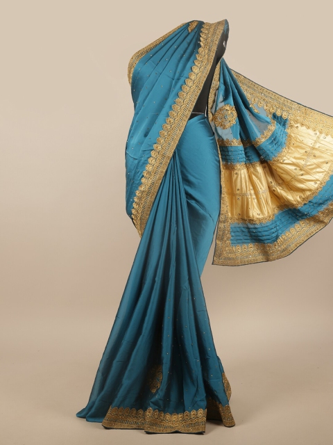 

Pothys Turquoise Blue & Gold-Toned Embellished Beads and Stones Saree