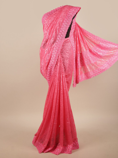 

Pothys Pink & White Floral Net Saree