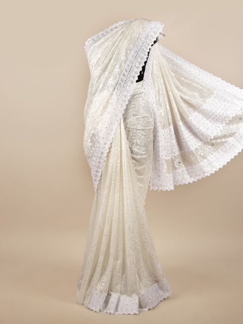 

Pothys White & Silver-Toned Floral Beads and Stones Net Saree