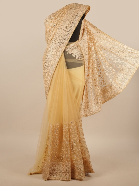 

Pothys Cream-Coloured & Peach-Coloured Floral Beads and Stones Net Saree