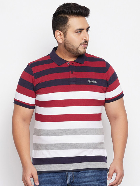 

AUSTIVO Men White & Maroon Striped Polo Collar T-shirt