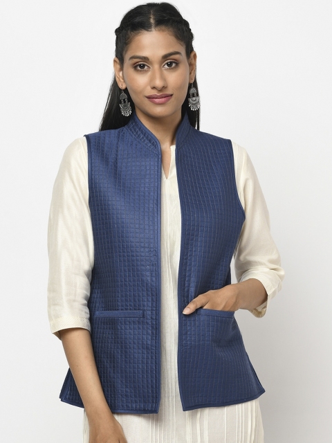 

Fabindia Women Blue Woven Checked Nehru Jacket