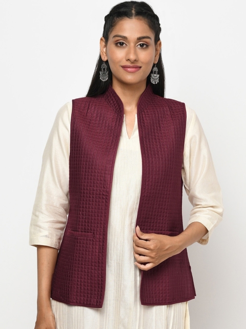 

Fabindia Women Maroon Woven Checked Nehru Jacket